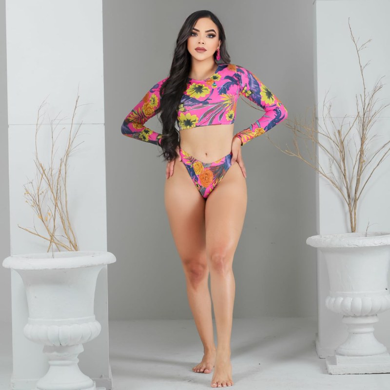 Biquini Cropped Manga longa Estampado