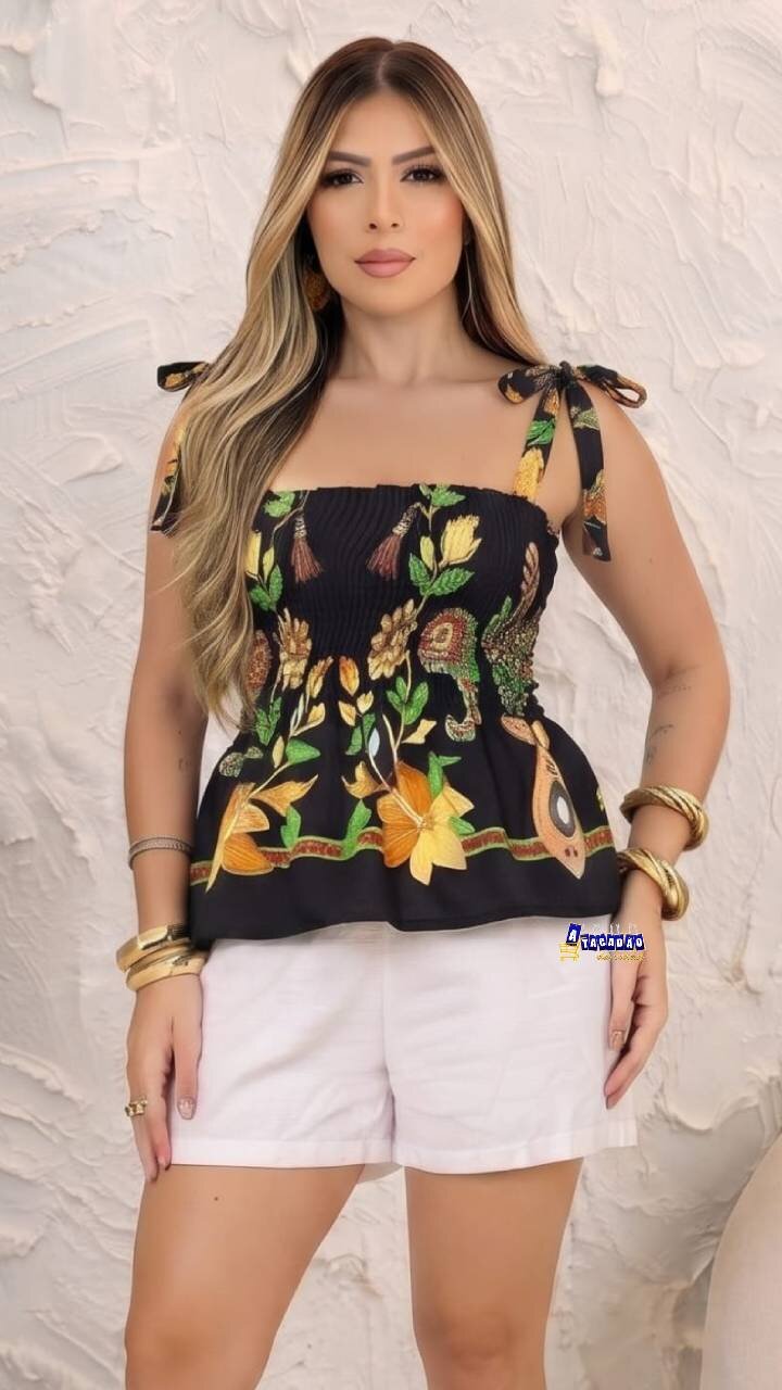 Blusa Bata Lastex Alça Estampada