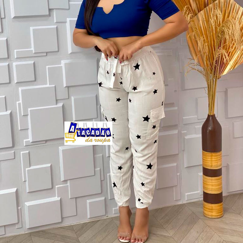 Calça Cargo Feminina  Viscolinho Estampada