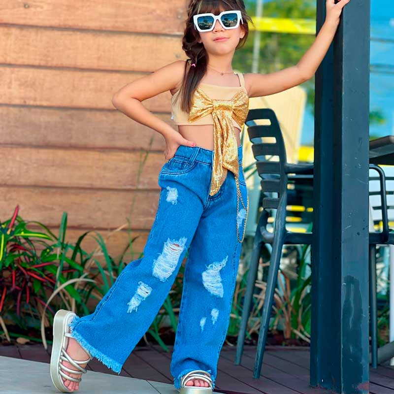 Calca Jeans Infantil Feminina Mom Wide Leg
