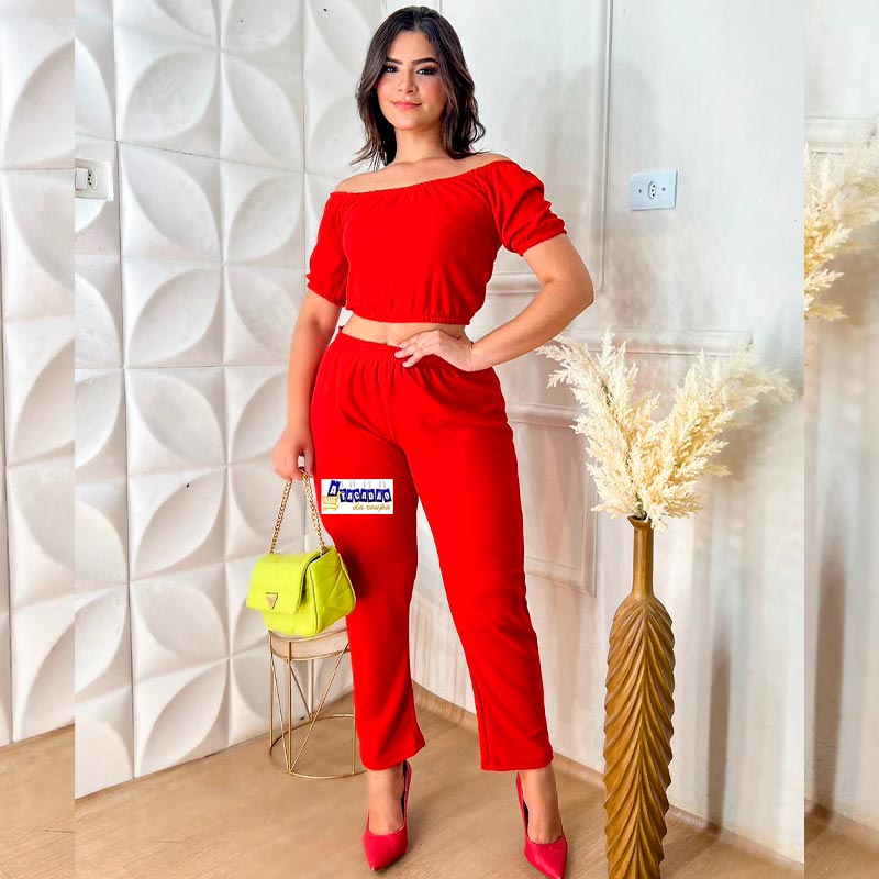 Conjunto Andressa Cropped E Calça Liso