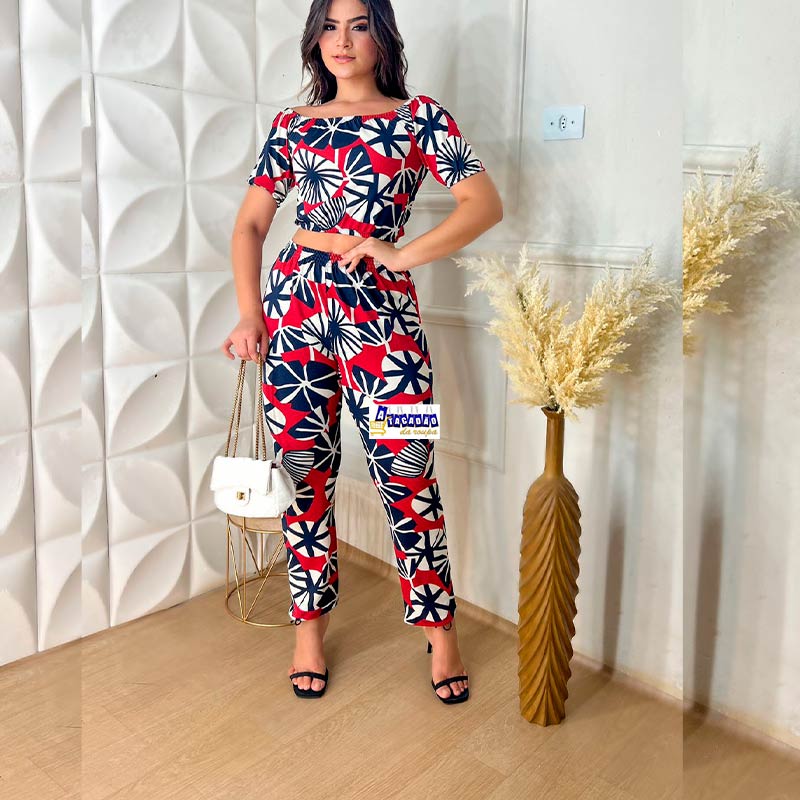 Conjunto Crepe Cropped E Calça Estampado