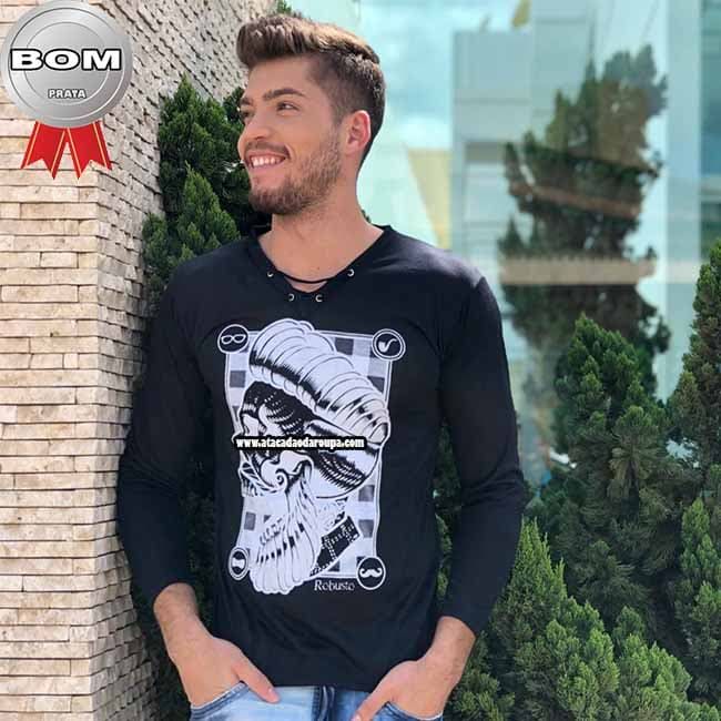 Camisa Gola V com Cordões Manga Longa