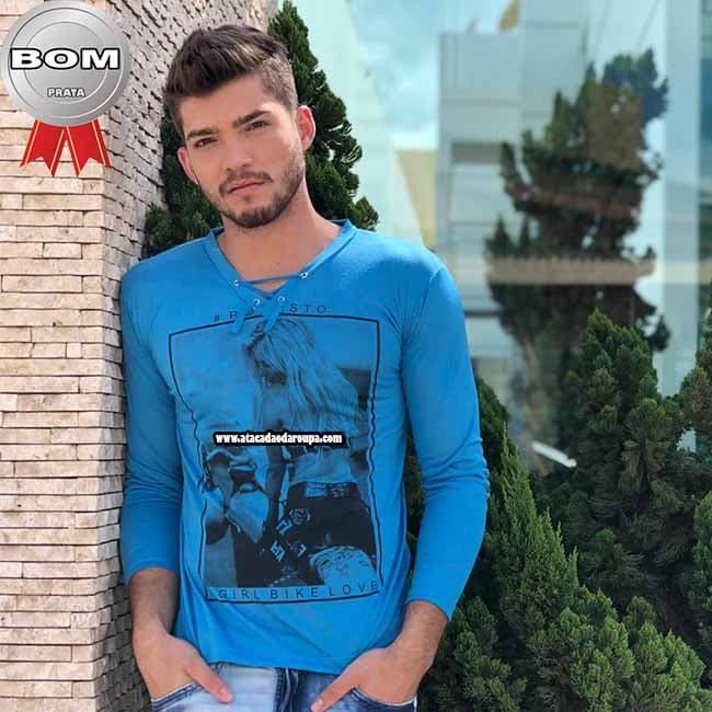 Camisa Gola V com Cordões Manga Longa