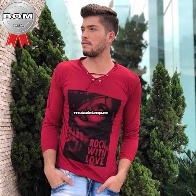 Camisa Gola V com Cordões Manga Longa