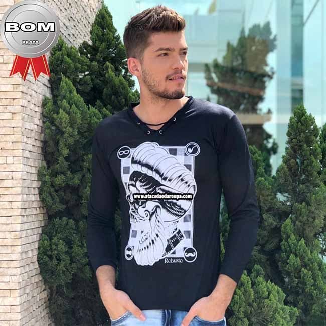Camisa Gola V com Cordões Manga Longa