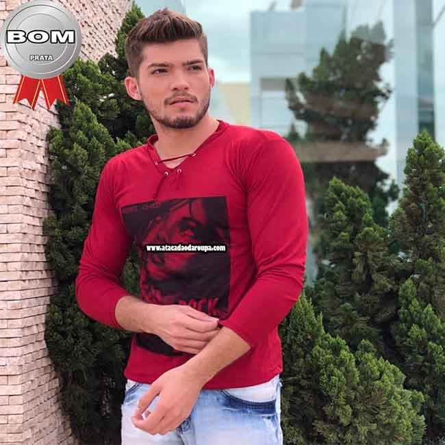 Camisa Gola V com Cordões Manga Longa