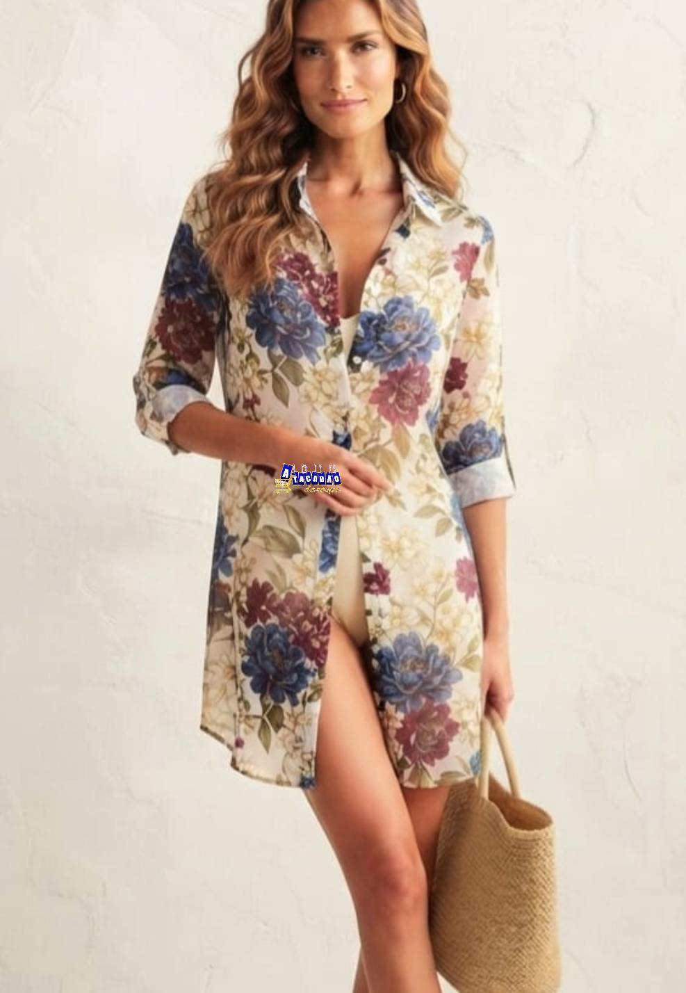 Chemise Saída de Praia Com Botões Estampada