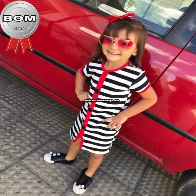 Vestido Infantil Listrado com Botão 4 a 7 Anos