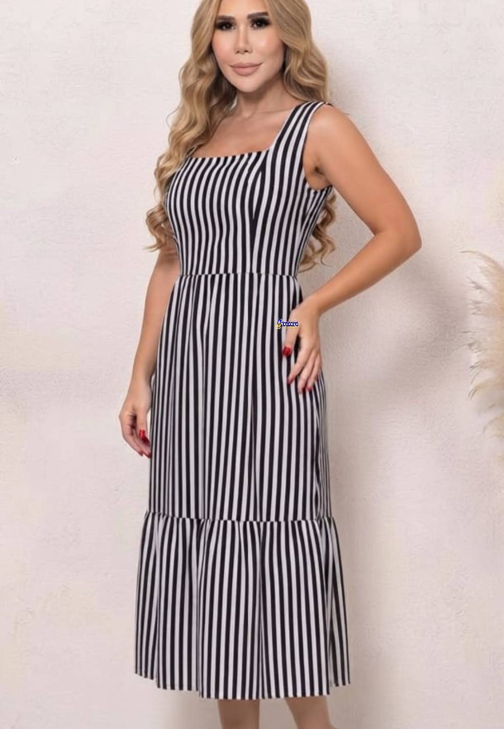 Vestido Aline Listrado Alça Larga Com Babado