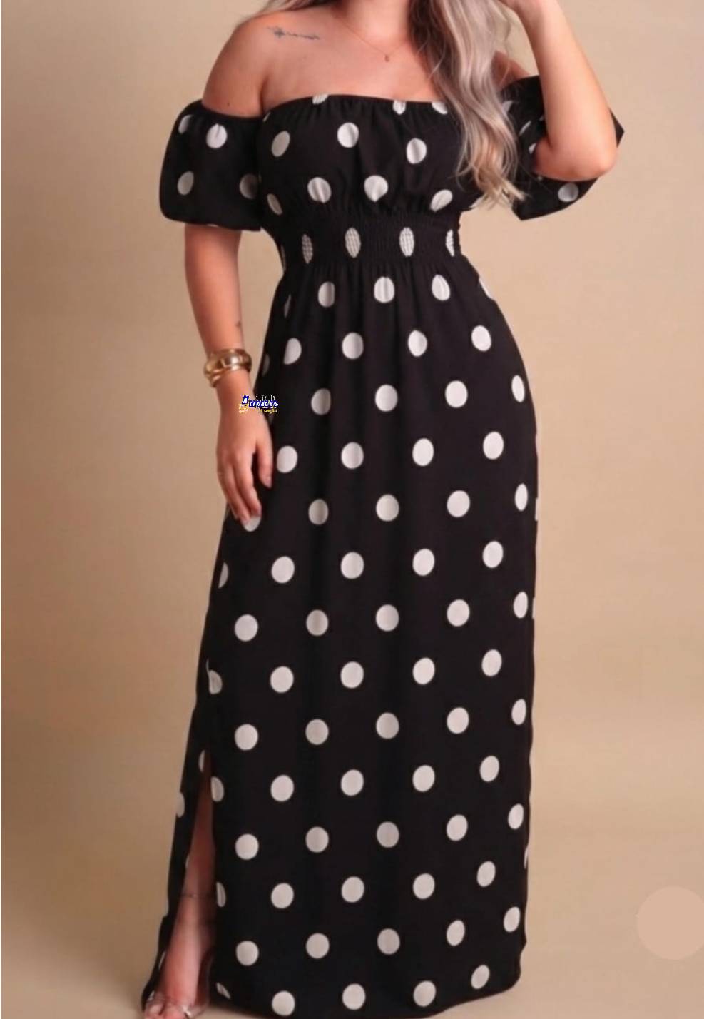 Vestido Feminino Longo Poá Com Lastex