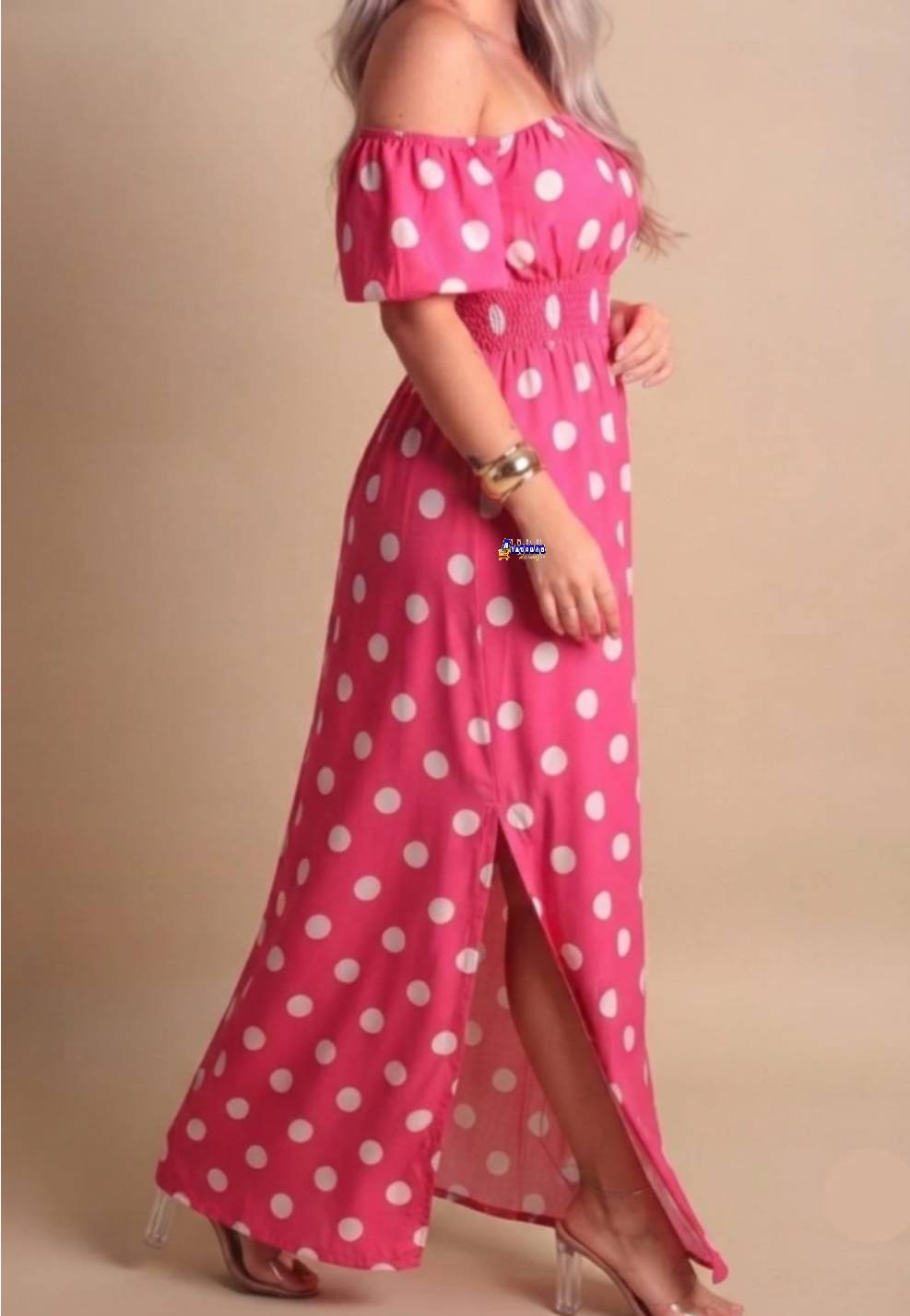 Vestido Feminino Longo Poá Com Lastex