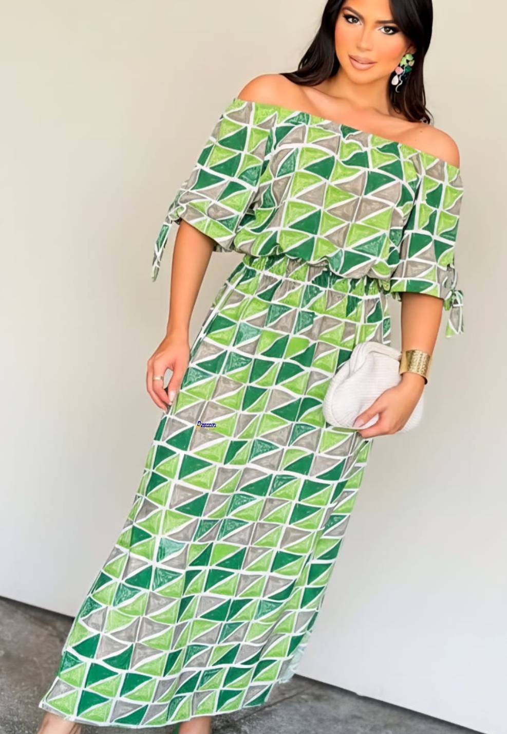 Vestido Longo Estampado Manga Laço