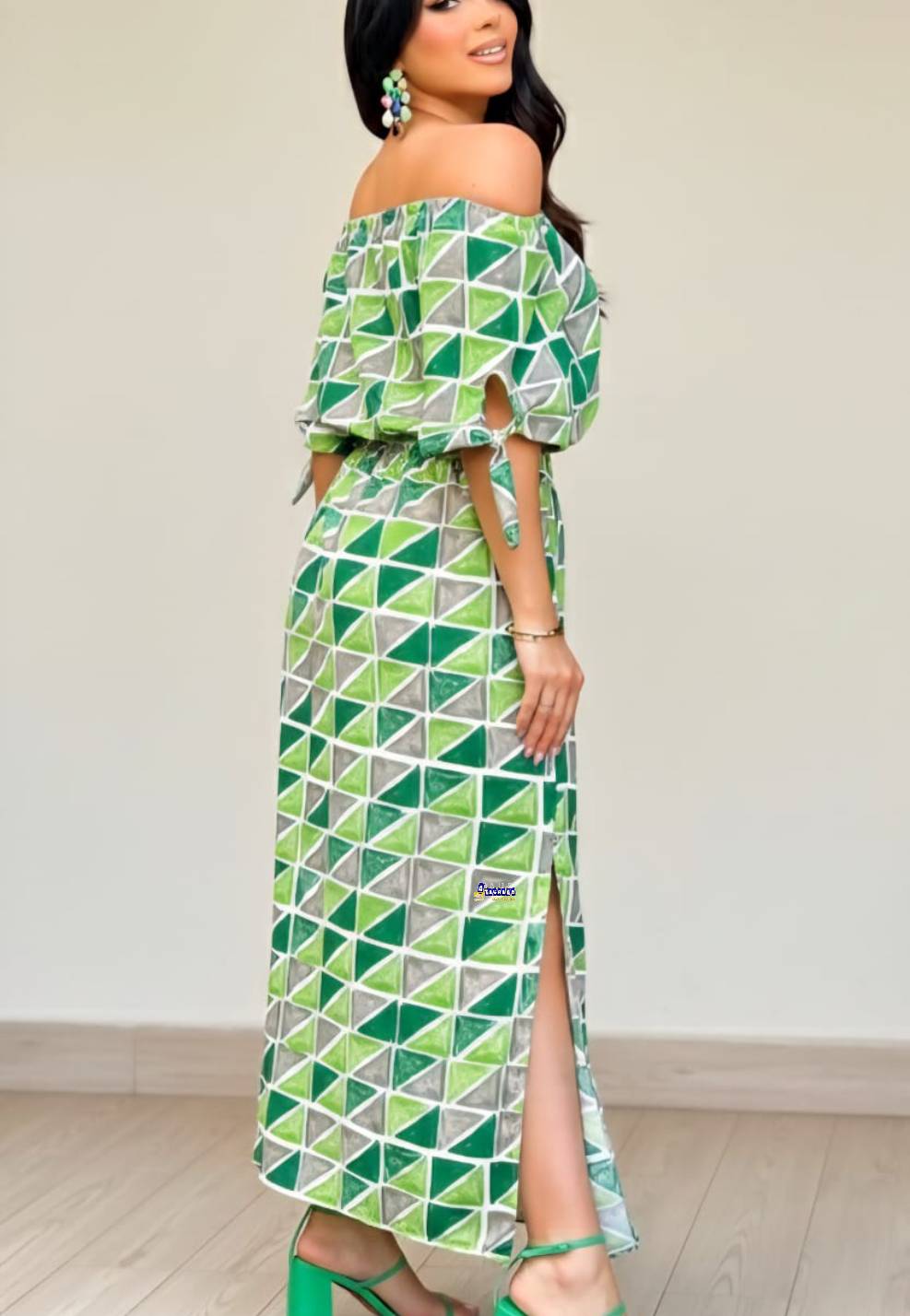 Vestido Longo Estampado Manga Laço
