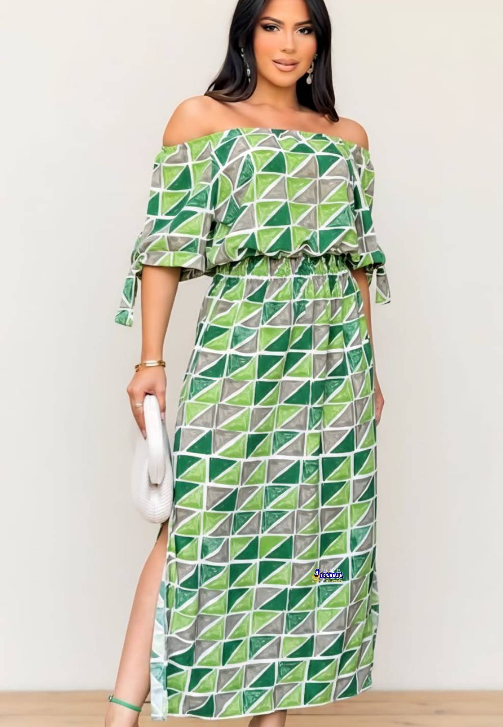 Vestido Longo Estampado Manga Laço Vestido Longo Estampado Manga Laço