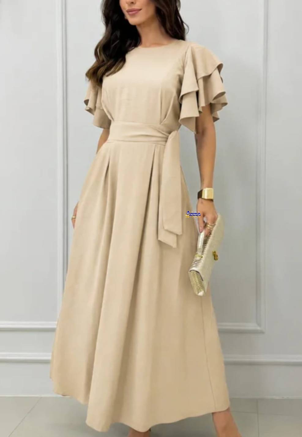 Vestido Longo Feminino Manga Babado Elegante