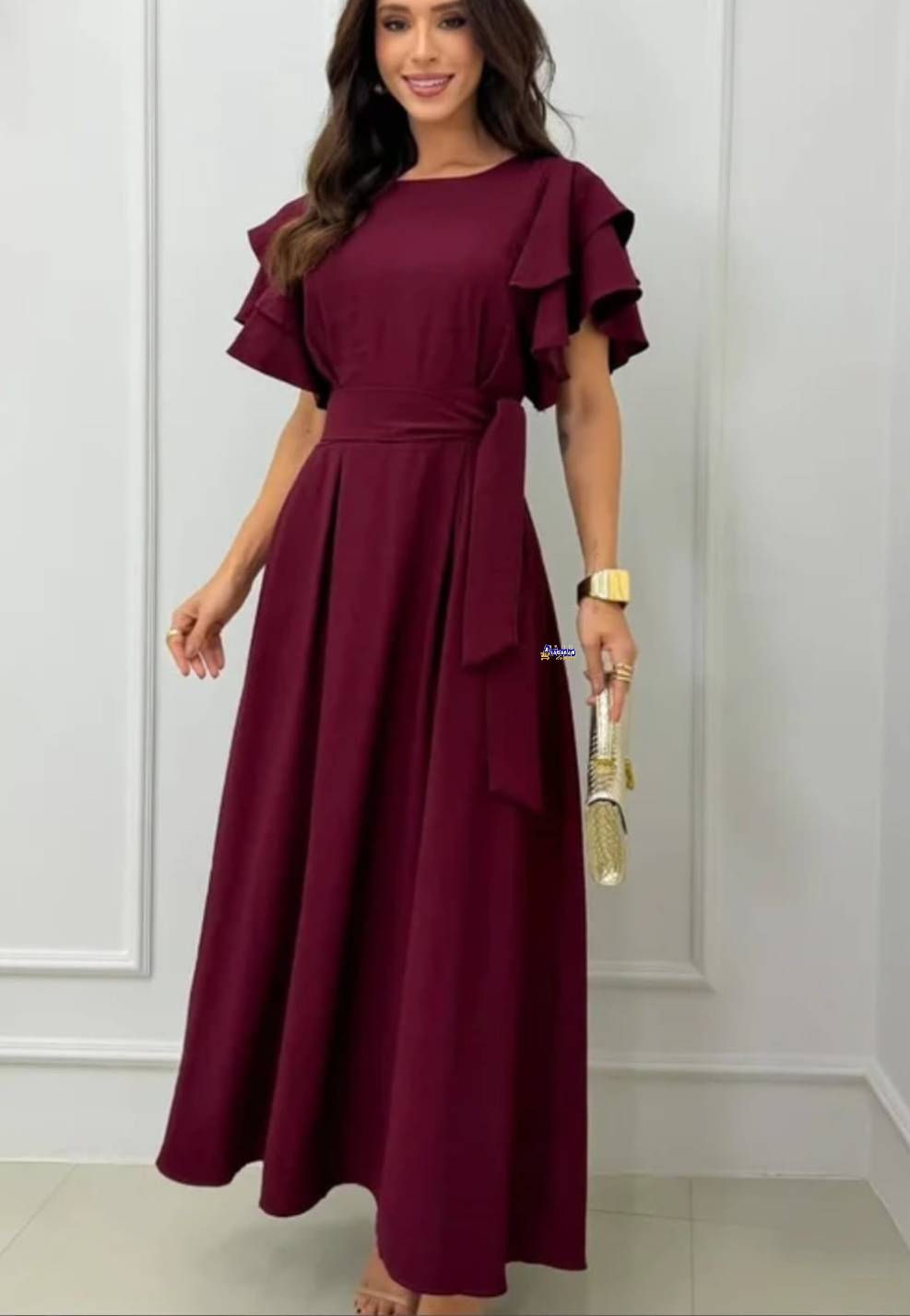 Vestido Longo Feminino Manga Babado Elegante