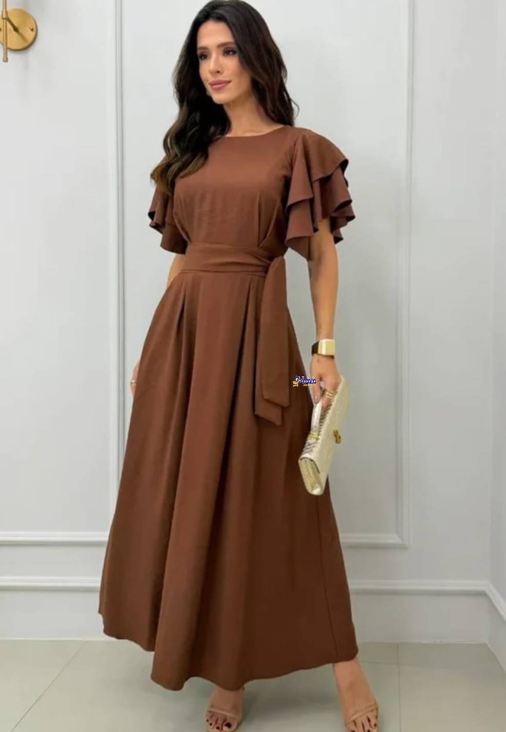 Vestido Longo Feminino Manga Babado Elegante