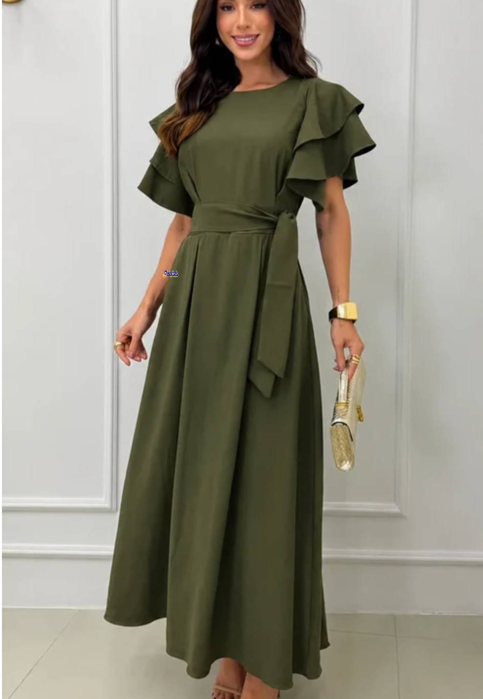 Vestido Longo Feminino Manga Babado Elegante