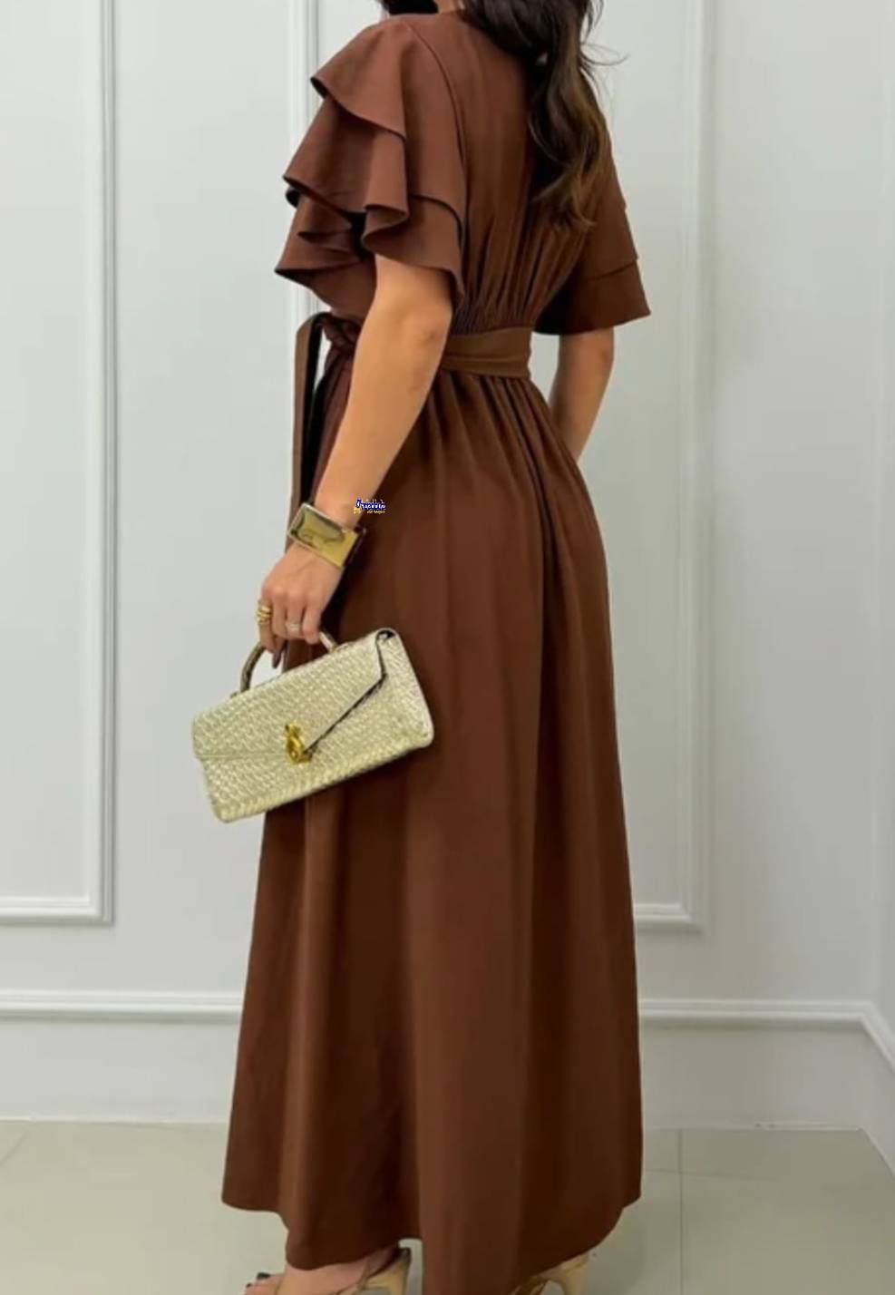 Vestido Longo Feminino Manga Babado Elegante
