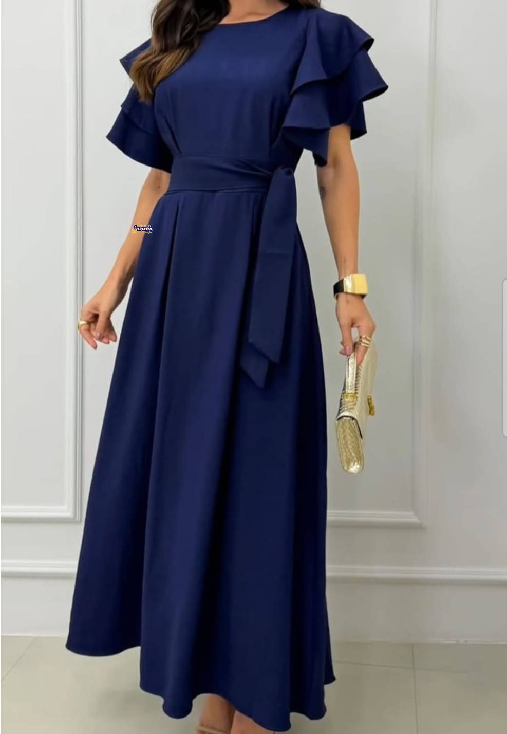 Vestido Longo Feminino Manga Babado Elegante