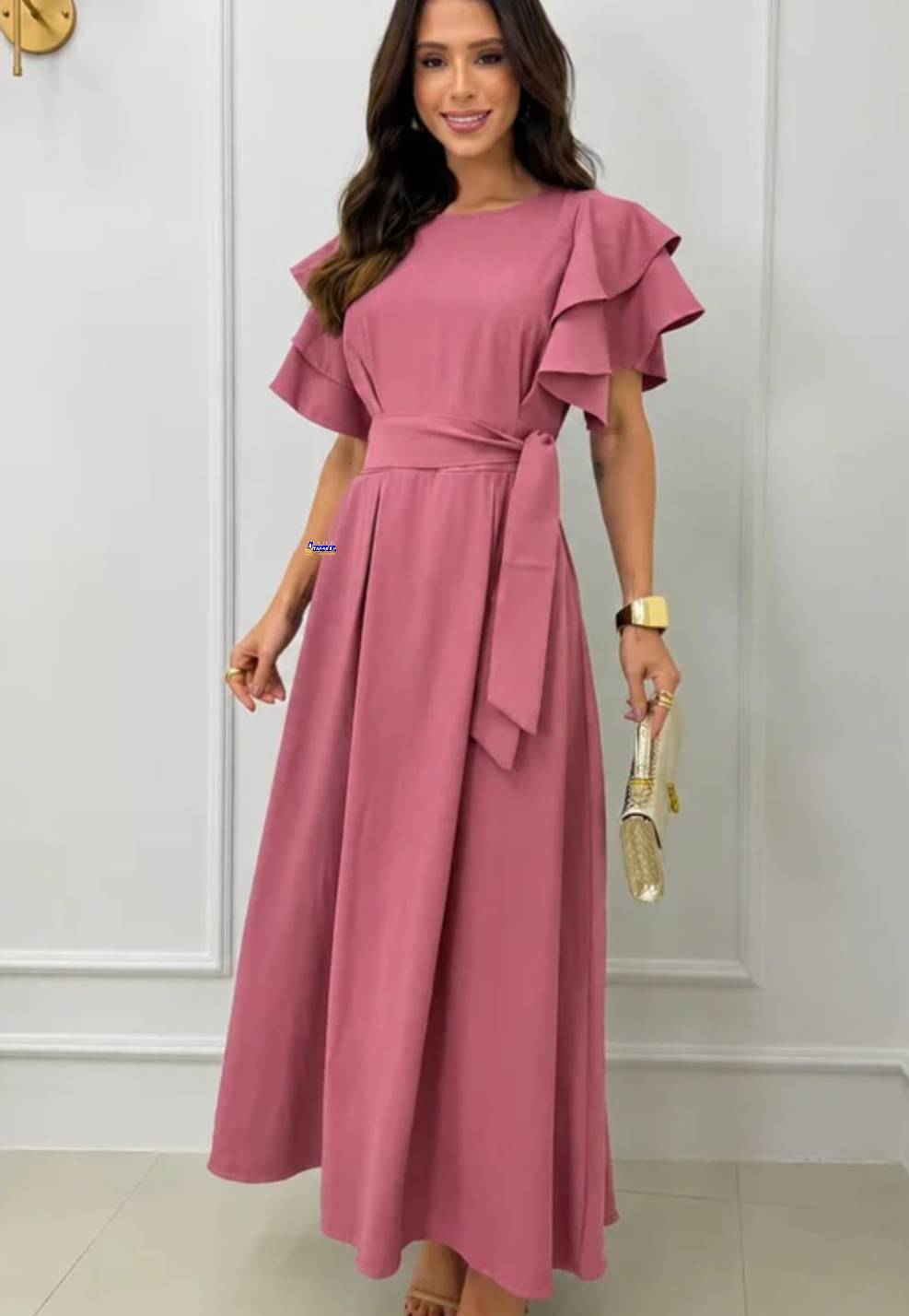Vestido Longo Feminino Manga Babado Elegante Vestido Longo Feminino Manga Babado Elegante