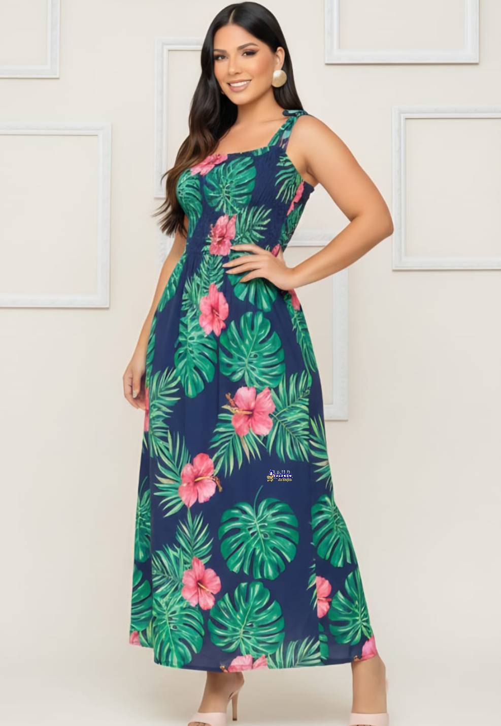 Vestido Longo Lastex Alça Laço Estampado