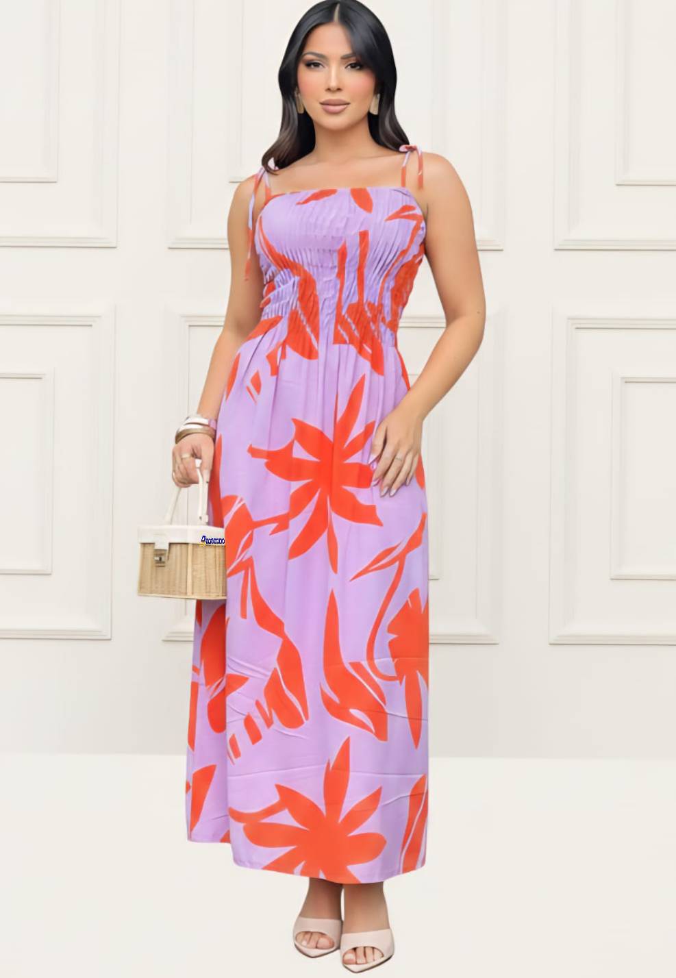 Vestido Longo Lastex Alça Laço Estampado