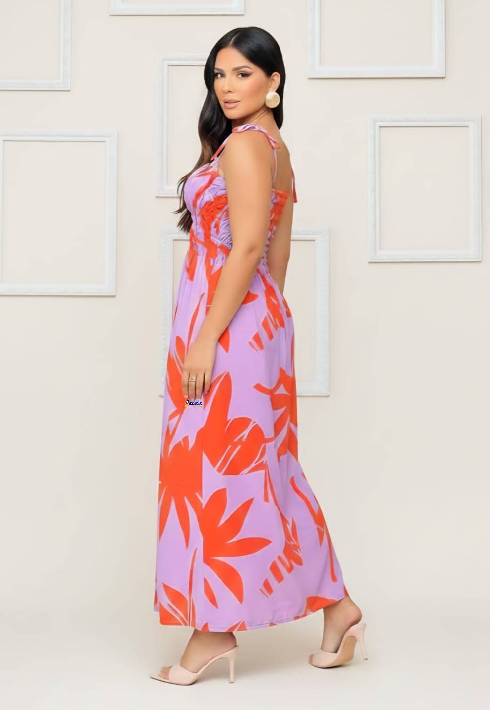 Vestido Longo Lastex Alça Laço Estampado Vestido Longo Lastex Alça Laço Estampado