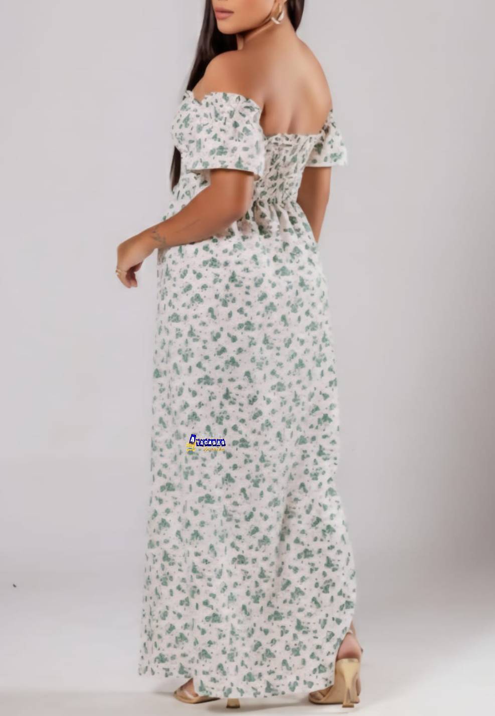 Vestido Longo Lastex Manga Ombro a Ombro