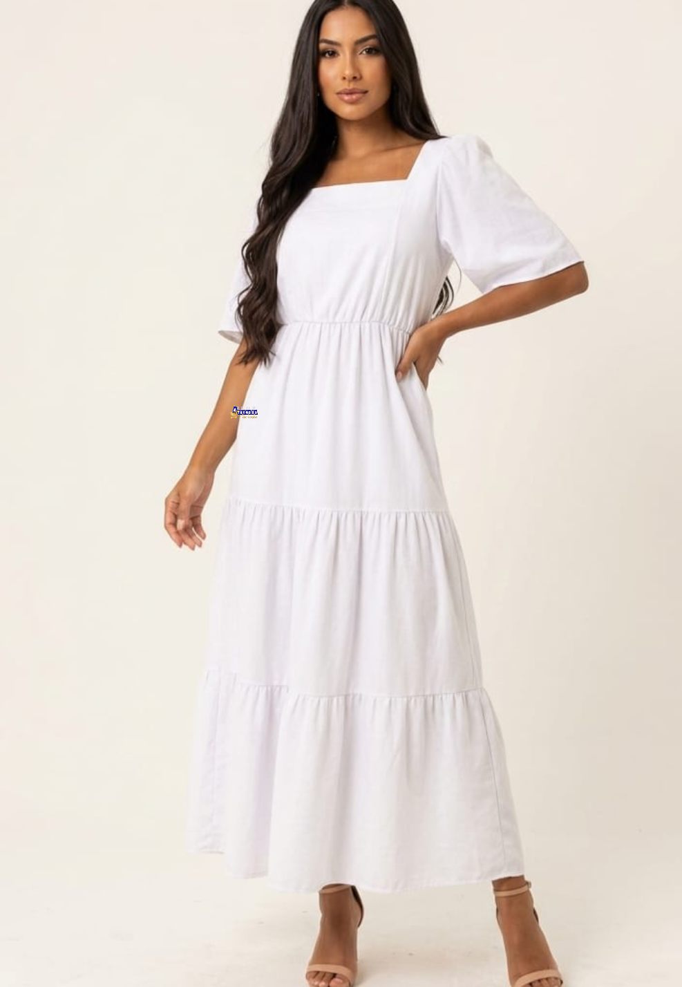 Vestido Longo Três Marias Manga Princesa