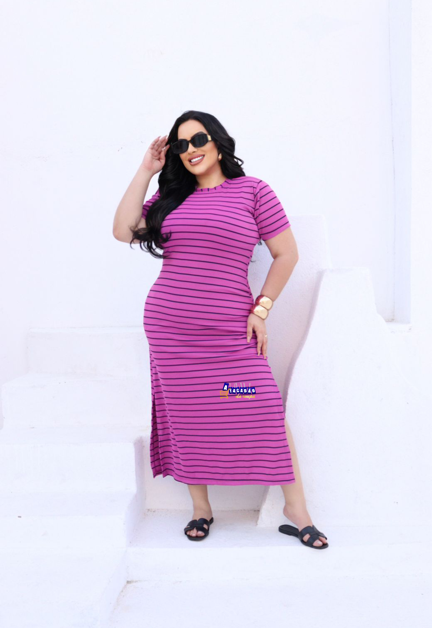 Vestido Longo Listrado Plus Size