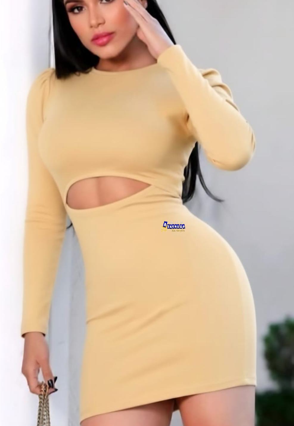 Vestido Manga Longa Casual Com Recorte 