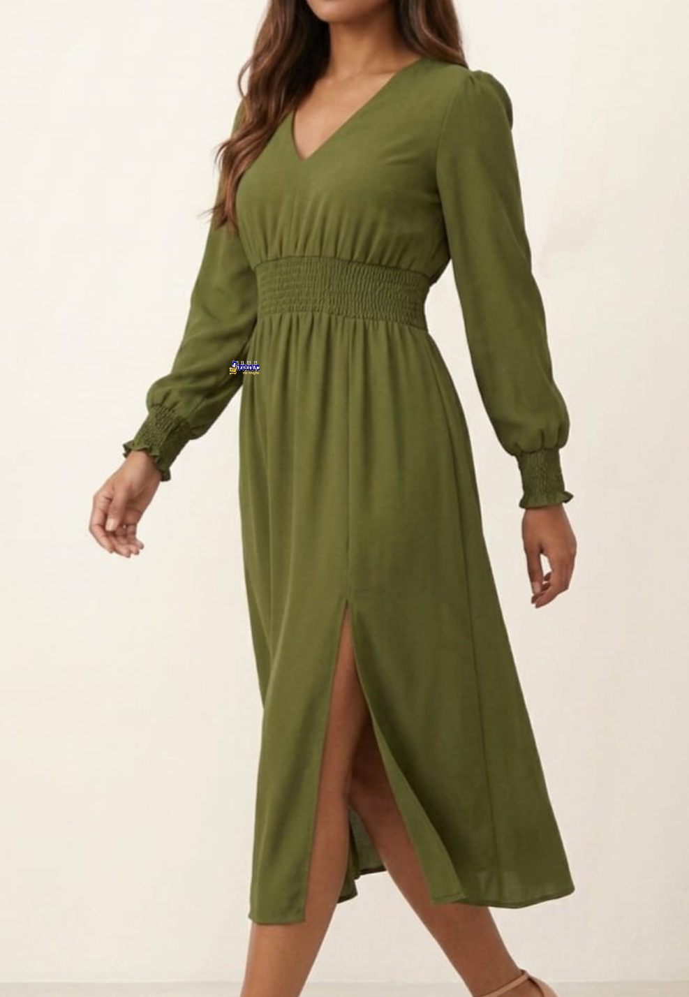 Vestido Midi Manga Longa Com Lastex E Fenda Vestido Midi Manga Longa Com Lastex E Fenda