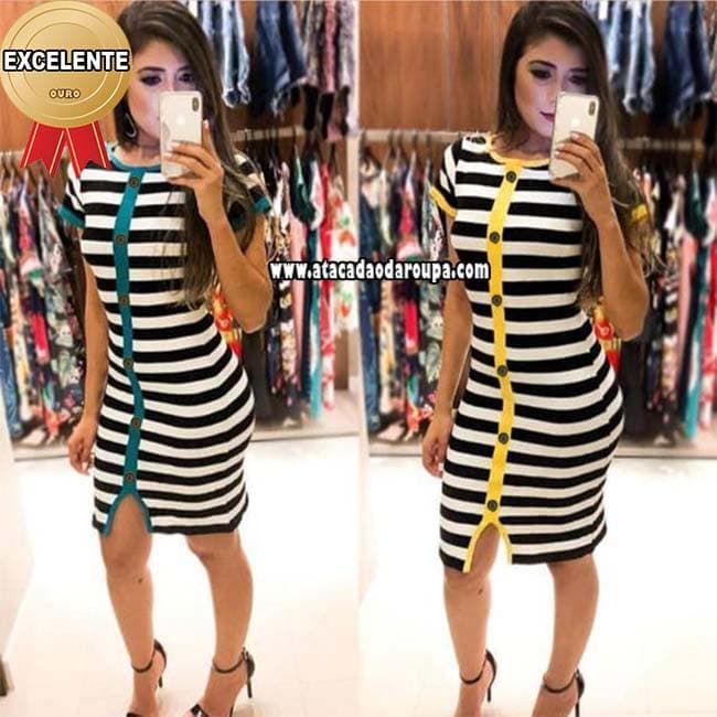 Vestidos Listrados Botões Frontal M